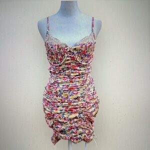 Strangers & Lovers Yellow Floral Satin Rouched Mini Dress